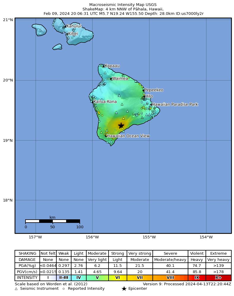 USGS ShakeMap intensity contours for the M5.9 earthquake near 2 km SW of Pāhala, Hawaii