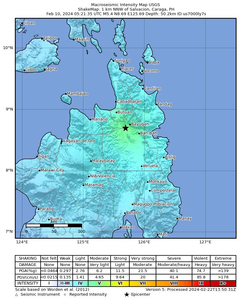 USGS ShakeMap intensity contours for the M5.4 earthquake near 1 km NNW of Salvacion, Philippines