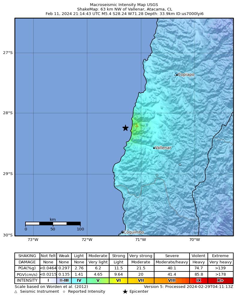 USGS ShakeMap intensity contours for the M5.4 earthquake near 63 km NW of Vallenar, Chile