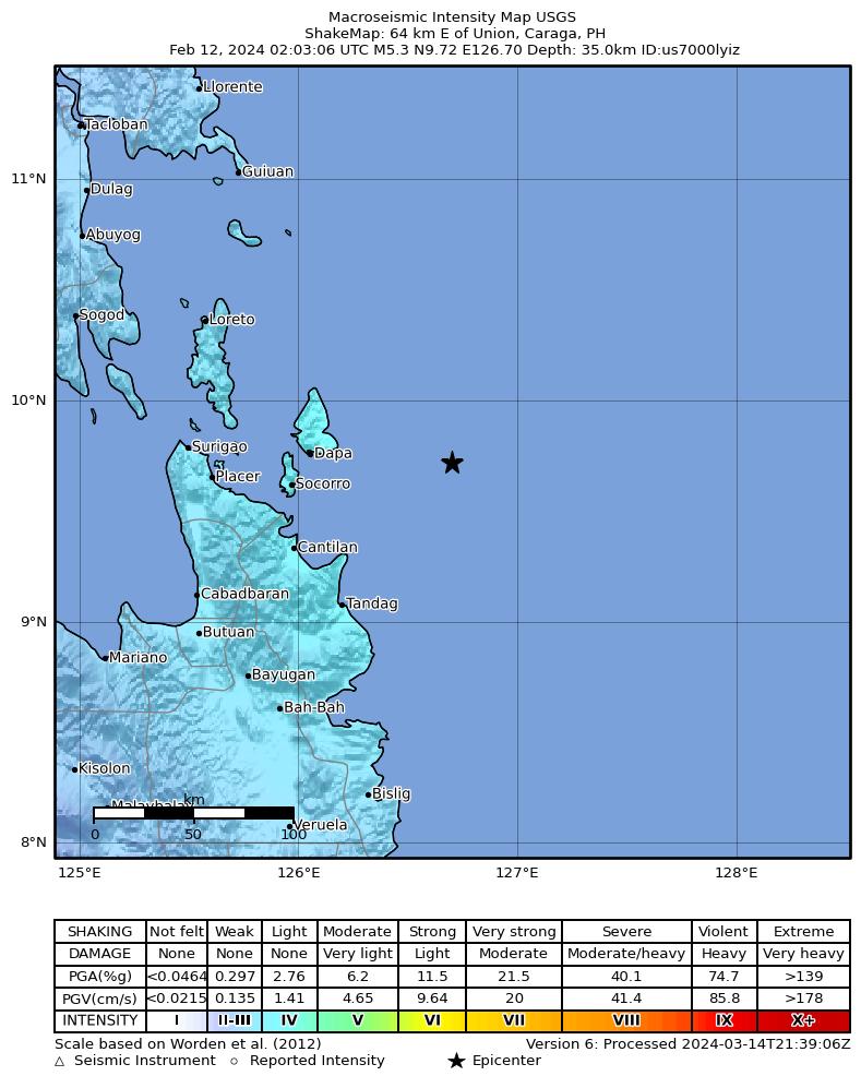 USGS ShakeMap: estimated shaking intensity around the epicenter