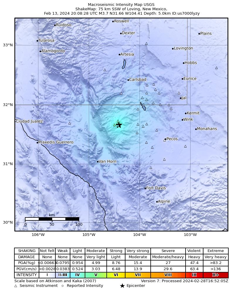 USGS ShakeMap intensity contours for the M3.9 earthquake near 55 km S of Whites City, New Mexico
