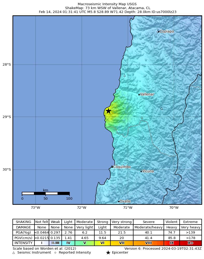 USGS ShakeMap intensity contours for the M5.8 earthquake near 73 km WSW of Vallenar, Chile