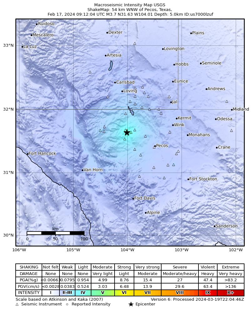 USGS ShakeMap: estimated shaking intensity around the epicenter