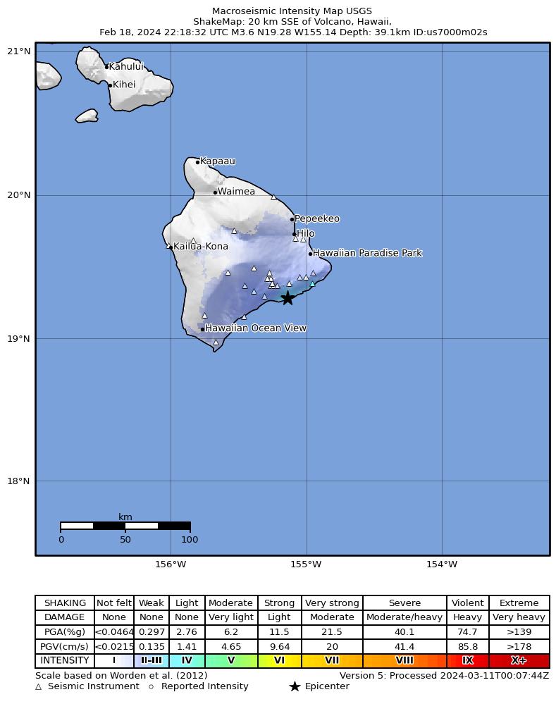 USGS ShakeMap intensity contours for the M3.1 earthquake near 22 km S of Fern Forest, Hawaii