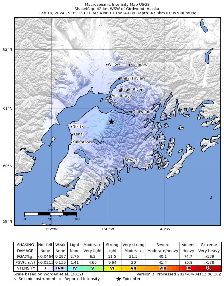 USGS ShakeMap intensity contours for the M3.2 earthquake near 21 km SW of Hope, Alaska