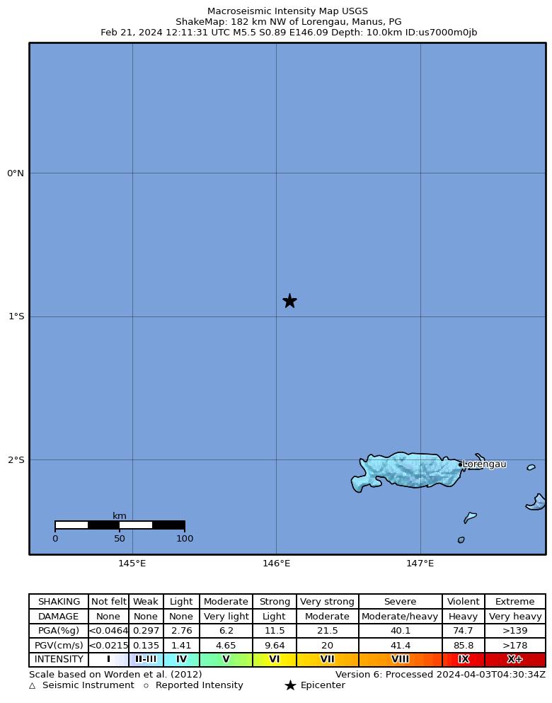 USGS ShakeMap intensity contours for the M5.5 earthquake near 182 km NW of Lorengau, Papua New Guinea