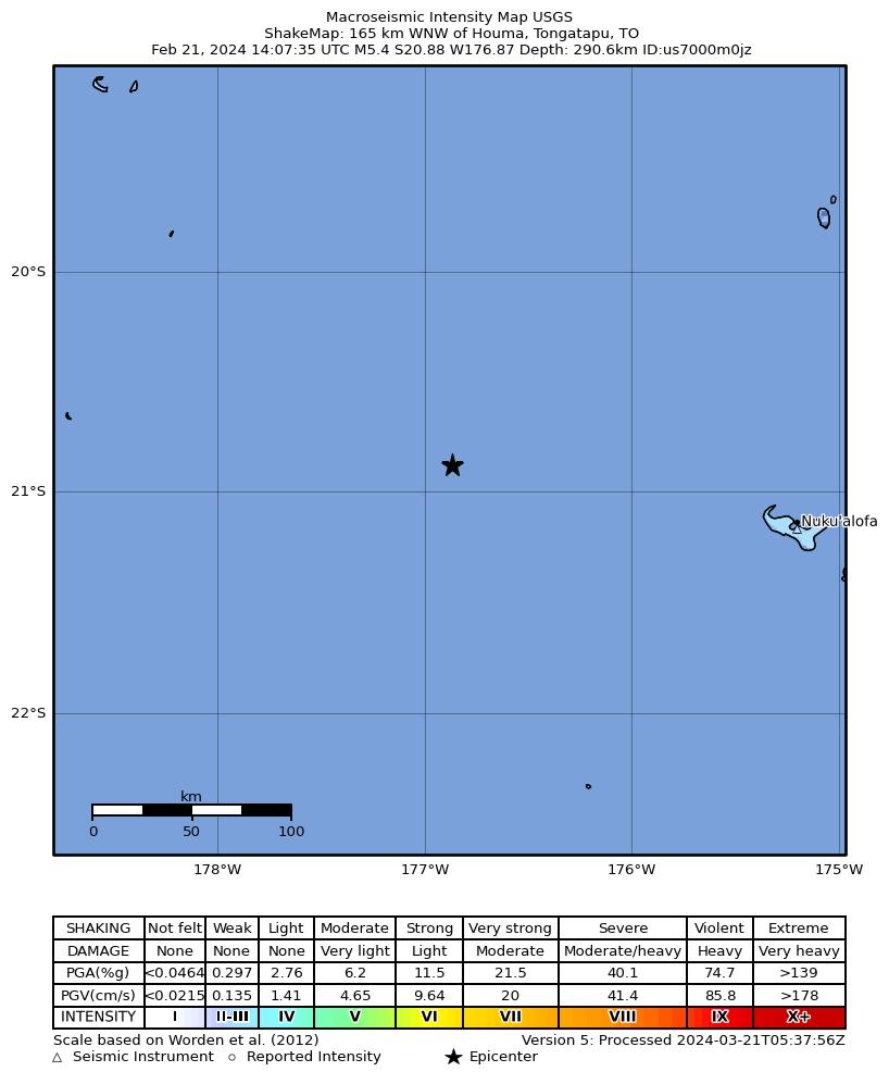 USGS ShakeMap intensity contours for the M5.4 earthquake near 165 km WNW of Houma, Tonga