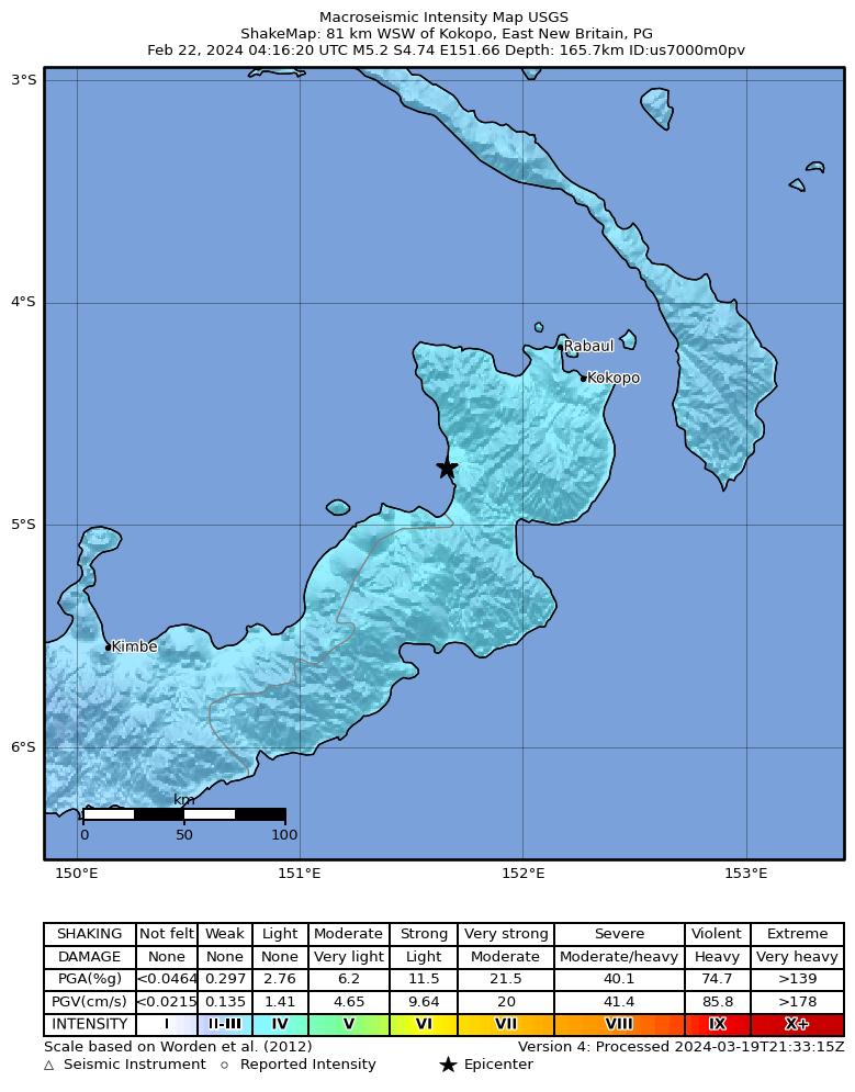 USGS ShakeMap intensity contours for the M5.2 earthquake near 81 km WSW of Kokopo, Papua New Guinea