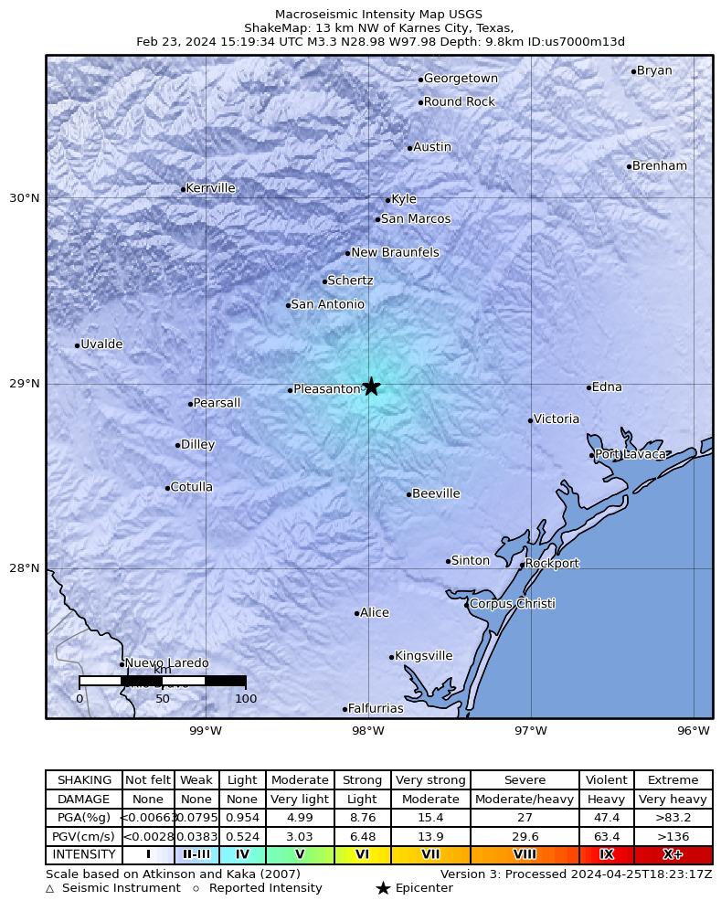 USGS ShakeMap intensity contours for the M3.5 earthquake near 2 km ESE of Falls City, Texas