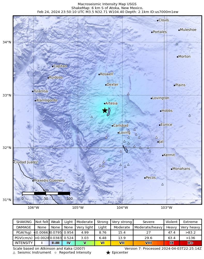 USGS ShakeMap intensity contours for the M3.5 earthquake near 6 km S of Atoka, New Mexico