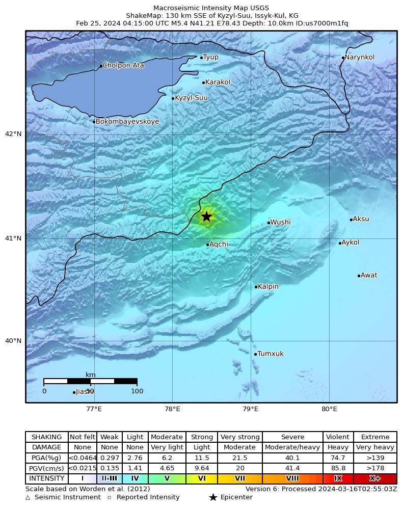 USGS ShakeMap intensity contours for the M5.4 earthquake near 130 km SSE of Kyzyl-Suu, Kyrgyzstan