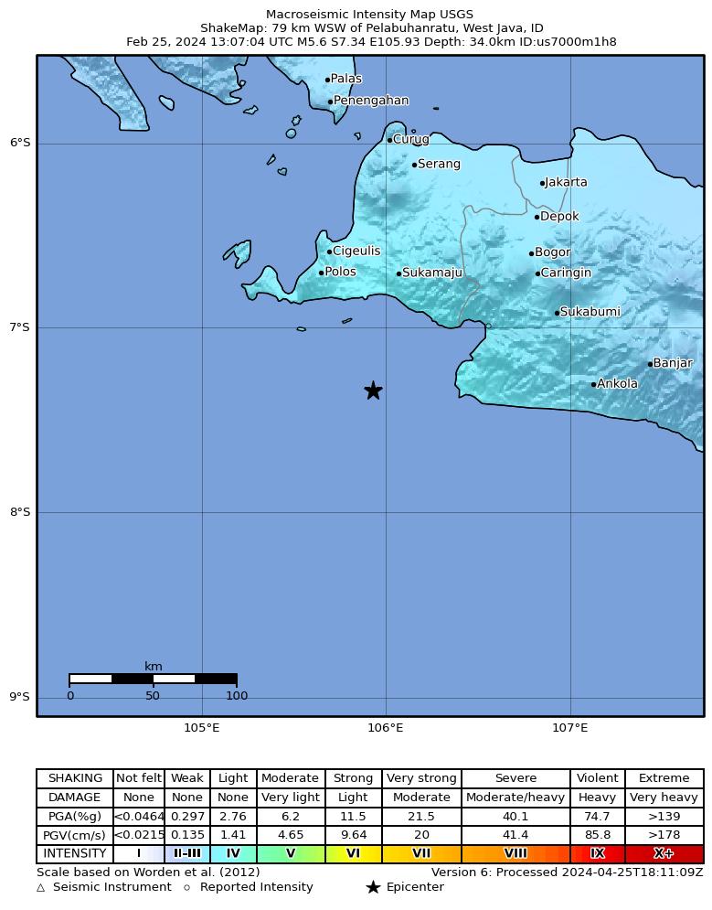 USGS ShakeMap intensity contours for the M5.6 earthquake near 79 km WSW of Pelabuhanratu, Indonesia