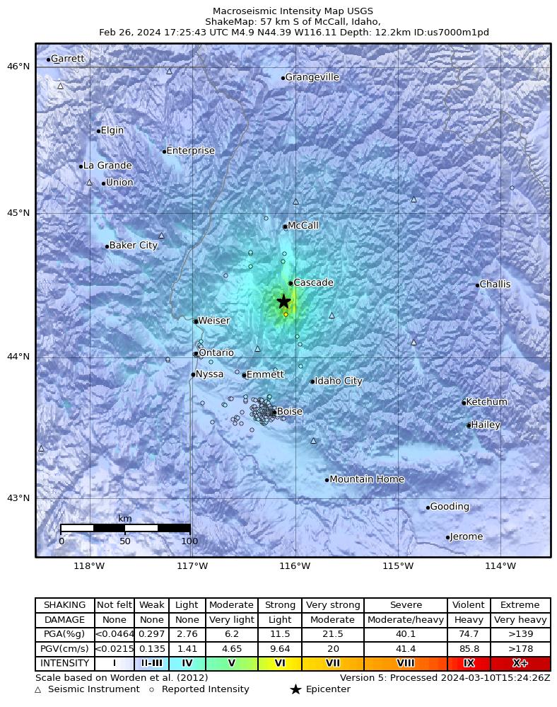 USGS ShakeMap intensity contours for the M4.9 earthquake near 10 km N of Smiths Ferry, Idaho