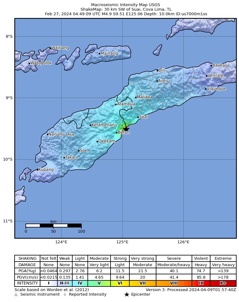 USGS ShakeMap intensity contours for the M4.9 earthquake near 30 km SW of Suai, Timor Leste