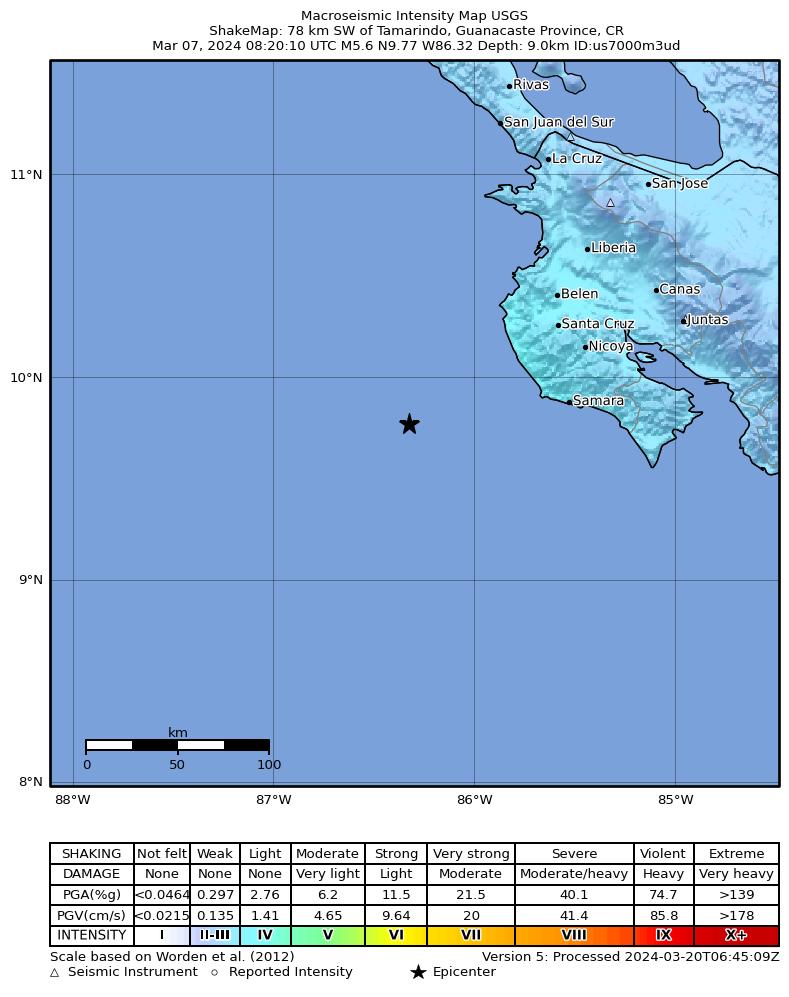 USGS ShakeMap intensity contours for the M5.6 earthquake near 78 km SW of Tamarindo, Costa Rica