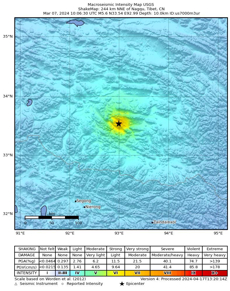 USGS ShakeMap intensity contours for the M5.6 earthquake near 244 km NNE of Nagqu, China