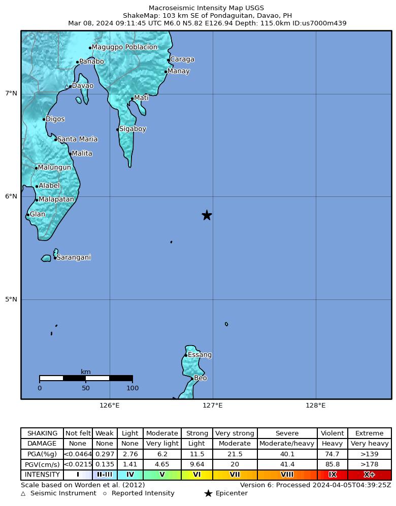 USGS ShakeMap intensity contours for the M6.0 earthquake near 103 km SE of Pondaguitan, Philippines