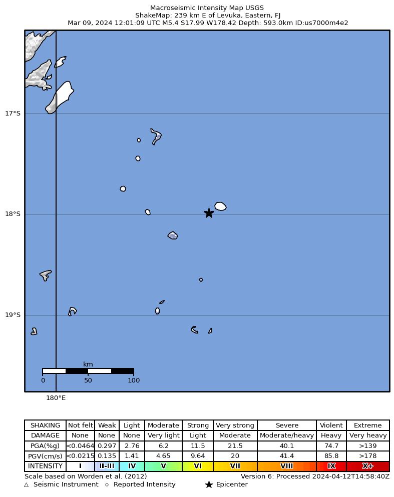 USGS ShakeMap intensity contours for the M5.4 earthquake near 239 km E of Levuka, Fiji