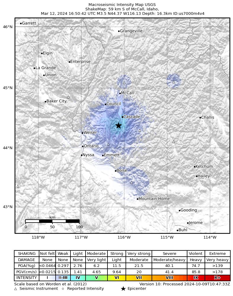 USGS ShakeMap intensity contours for the M3.5 earthquake near 8 km NNW of Smiths Ferry, Idaho