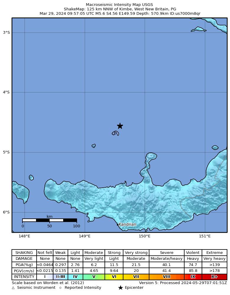USGS ShakeMap intensity contours for the M5.6 earthquake near 125 km NNW of Kimbe, Papua New Guinea