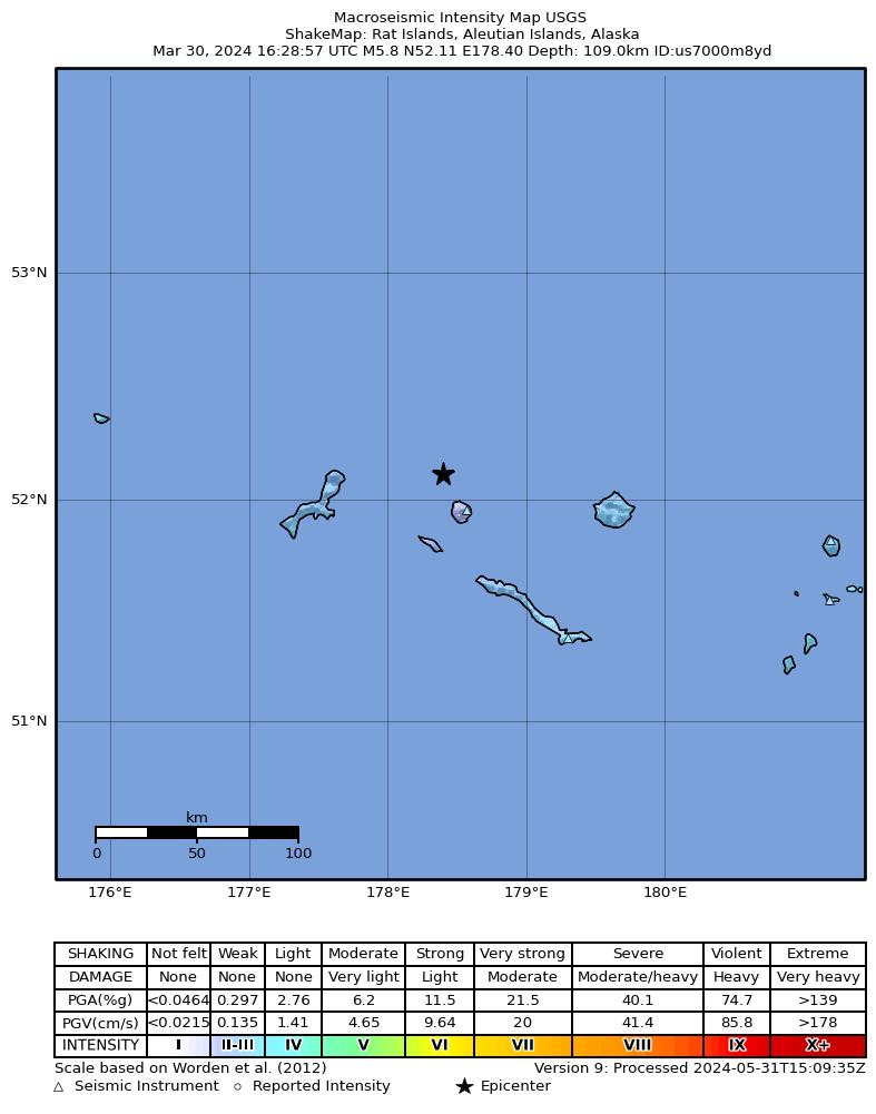 USGS ShakeMap intensity contours for the M5.8 earthquake near Rat Islands, Aleutian Islands, Alaska