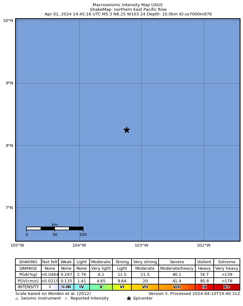 USGS ShakeMap intensity contours for the M5.3 earthquake near northern East Pacific Rise