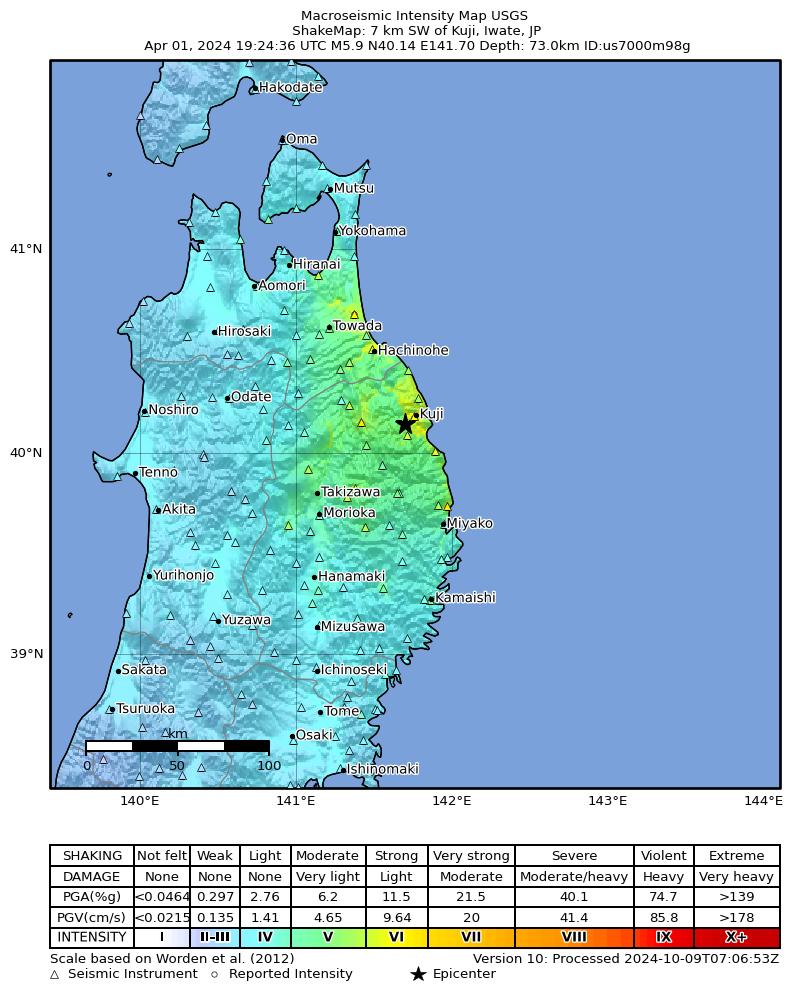 USGS ShakeMap intensity contours for the M5.9 earthquake near 7 km SW of Kuji, Japan
