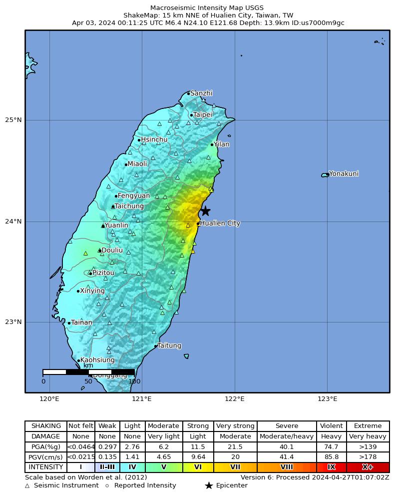 USGS ShakeMap intensity contours for the M6.4 earthquake near 15 km NNE of Hualien City, Taiwan