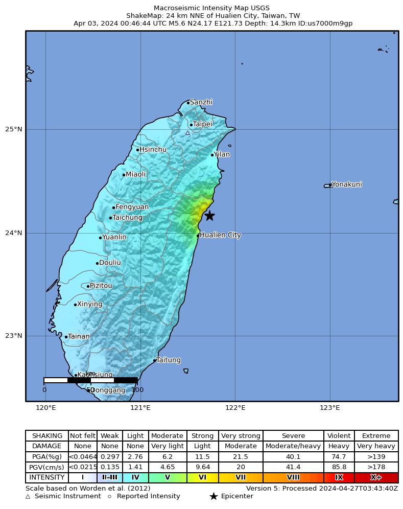 USGS ShakeMap intensity contours for the M5.6 earthquake near 24 km NNE of Hualien City, Taiwan