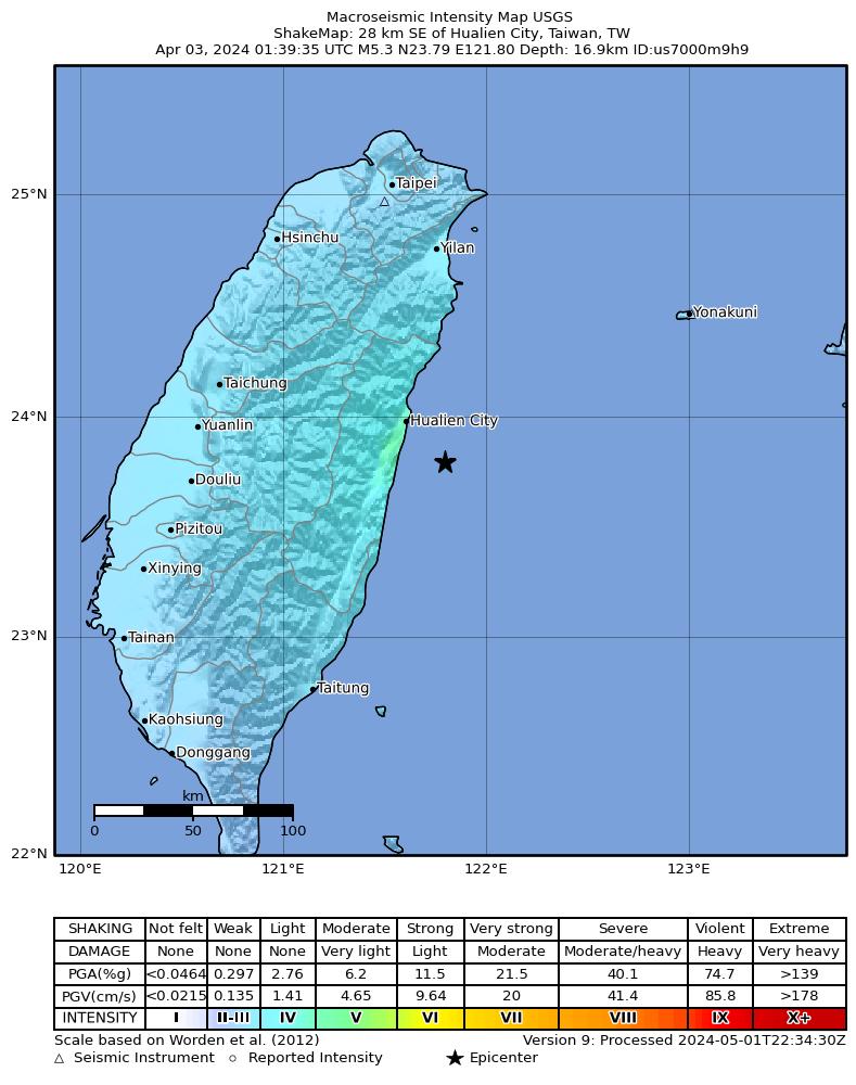 USGS ShakeMap intensity contours for the M5.3 earthquake near 28 km SE of Hualien City, Taiwan