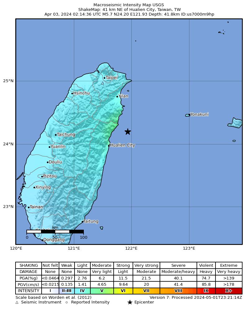 USGS ShakeMap intensity contours for the M5.7 earthquake near 41 km NE of Hualien City, Taiwan