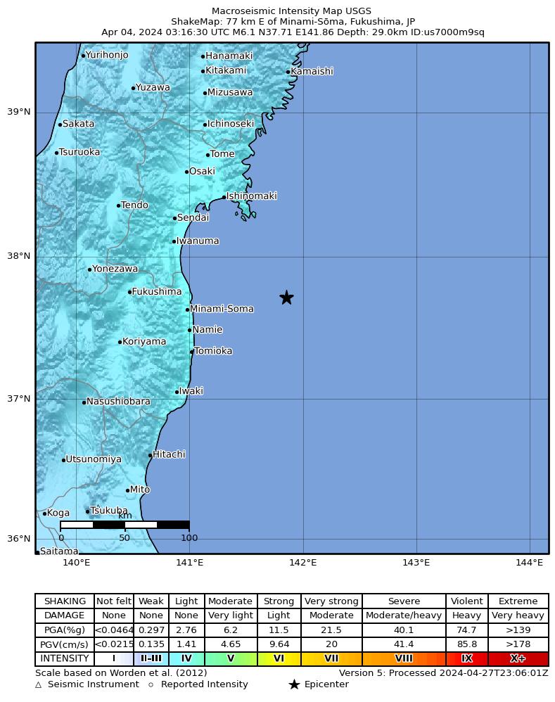 USGS ShakeMap intensity contours for the M6.1 earthquake near 77 km E of Minami-Sōma, Japan