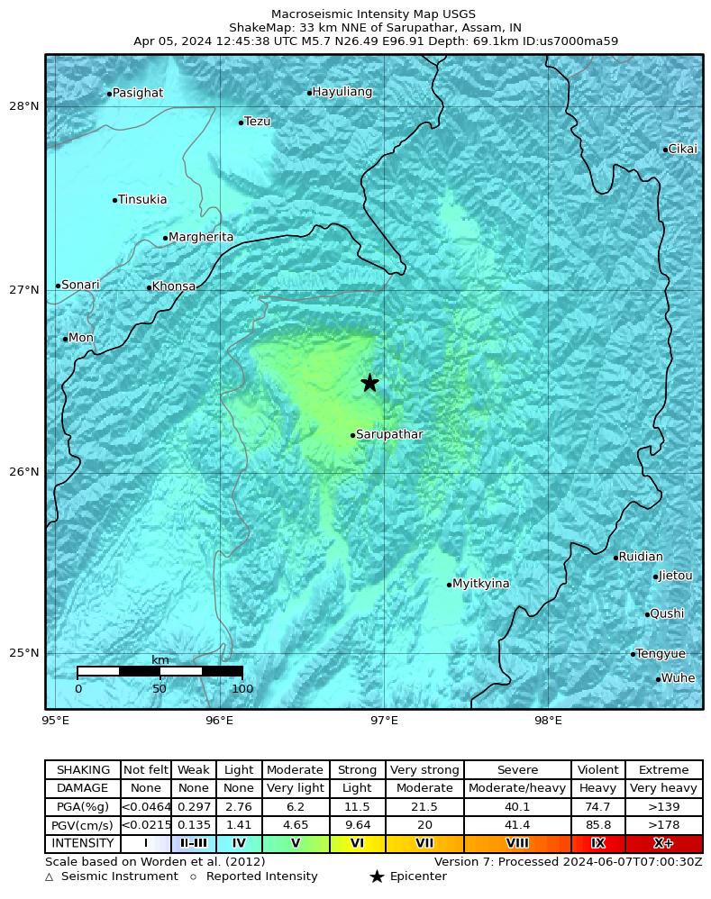 USGS ShakeMap intensity contours for the M5.7 earthquake near 33 km NNE of Sarupathar, India