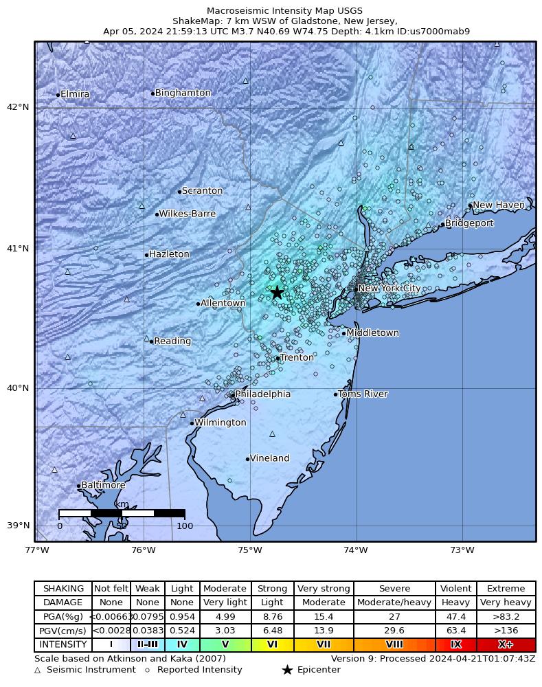 USGS ShakeMap intensity contours for the M3.7 earthquake near 7 km WSW of Gladstone, New Jersey