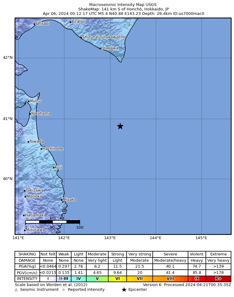 USGS ShakeMap intensity contours for the M5.4 earthquake near 141 km S of Honchō, Japan
