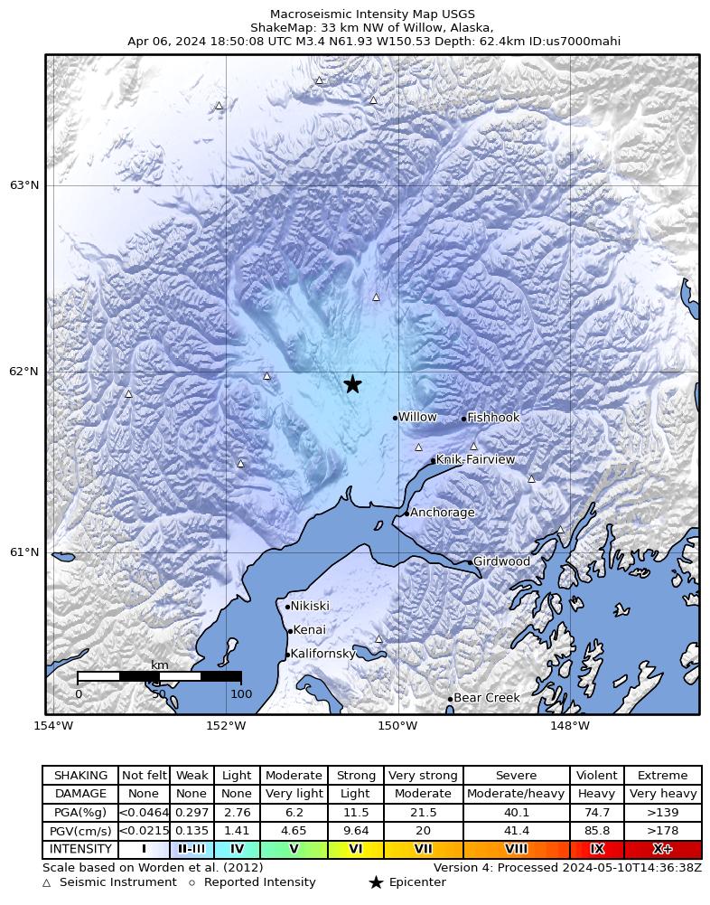 USGS ShakeMap intensity contours for the M3.1 earthquake near 32 km NW of Willow, Alaska