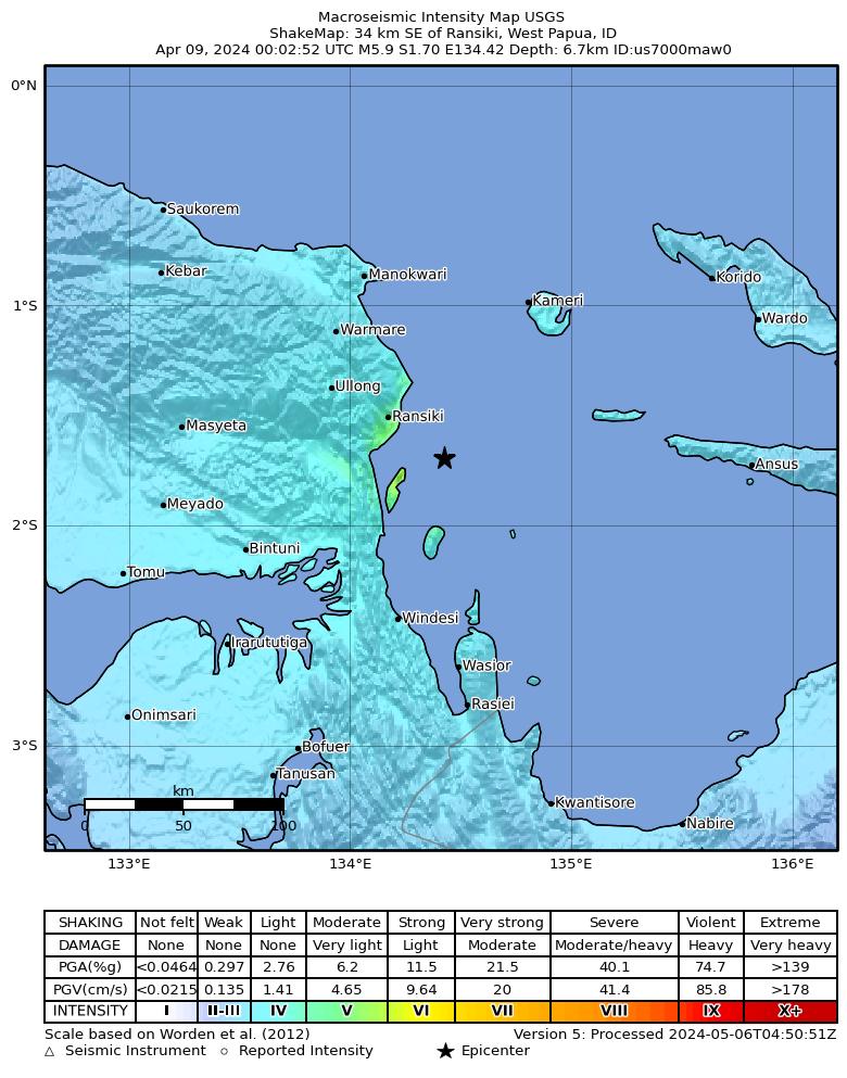 USGS ShakeMap intensity contours for the M5.9 earthquake near 34 km SE of Ransiki, Indonesia