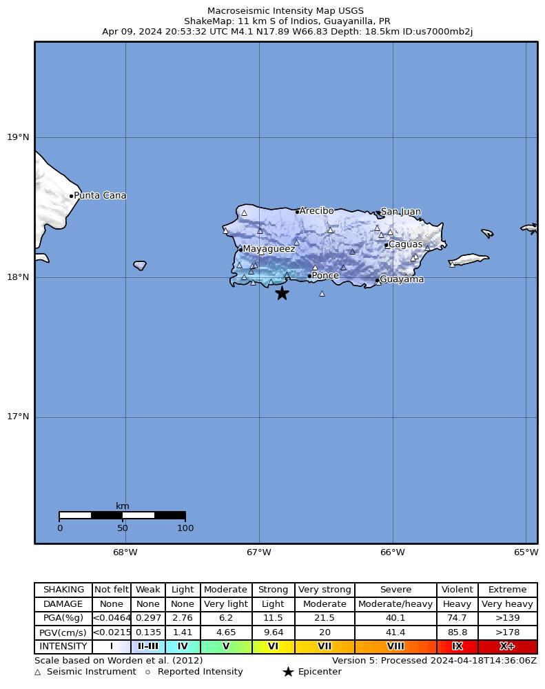 USGS ShakeMap intensity contours for the M3.7 earthquake near 4 km SW of Indios, Puerto Rico
