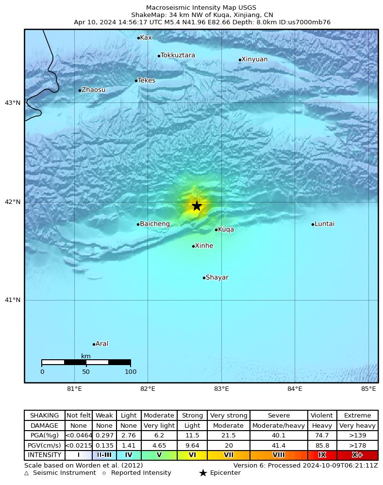 USGS ShakeMap intensity contours for the M5.4 earthquake near 34 km NW of Kuqa, China