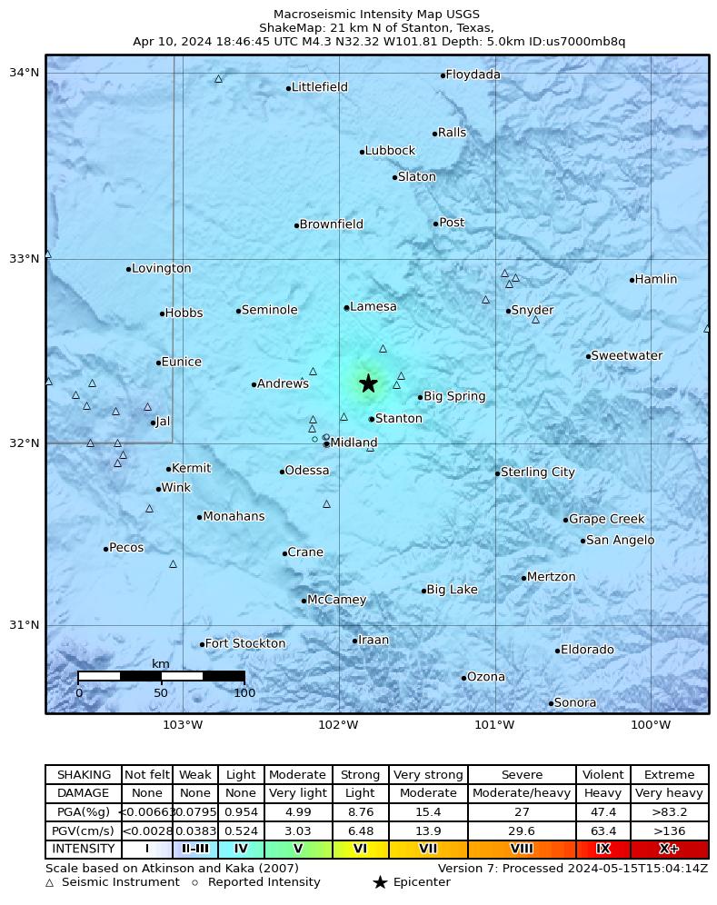 USGS ShakeMap intensity contours for the M4.4 earthquake near 21 km N of Stanton, Texas