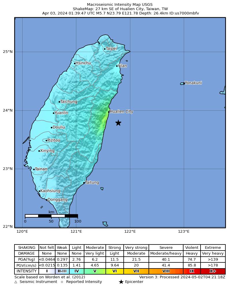 USGS ShakeMap intensity contours for the M5.7 earthquake near 27 km SE of Hualien City, Taiwan