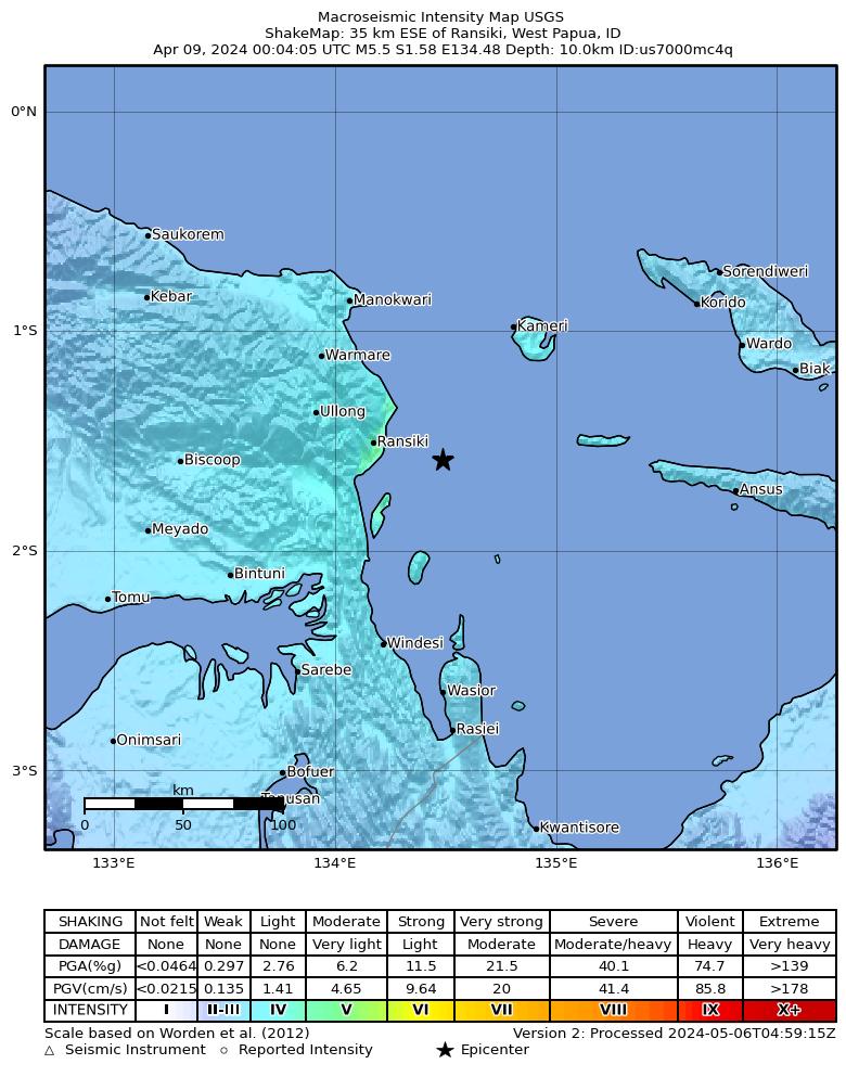 USGS ShakeMap intensity contours for the M5.5 earthquake near 35 km ESE of Ransiki, Indonesia