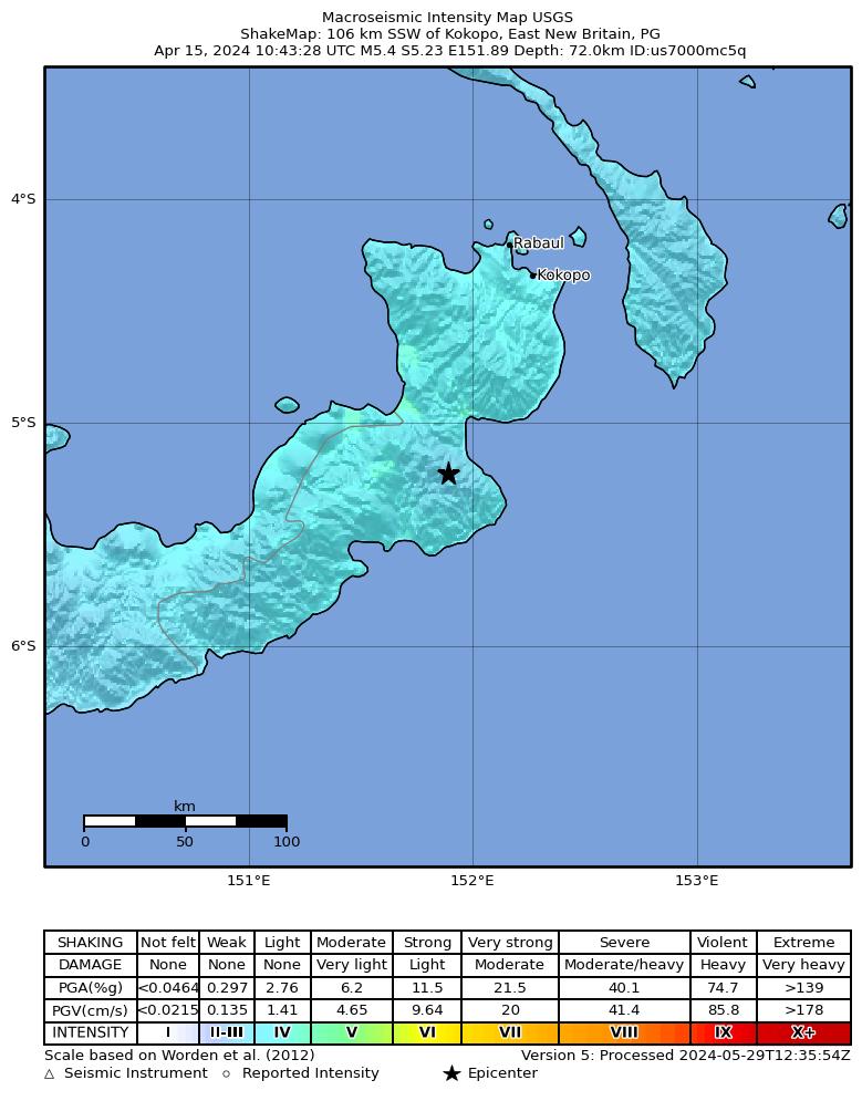USGS ShakeMap intensity contours for the M5.4 earthquake near 106 km SSW of Kokopo, Papua New Guinea