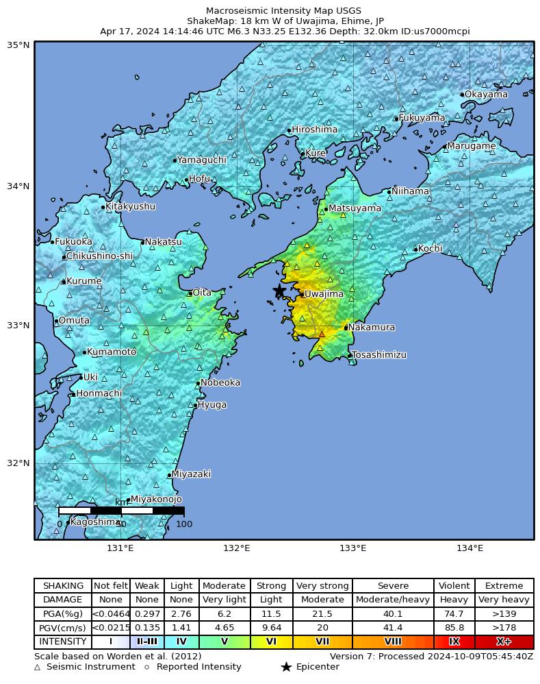 USGS ShakeMap intensity contours for the M6.3 earthquake near 18 km W of Uwajima, Japan