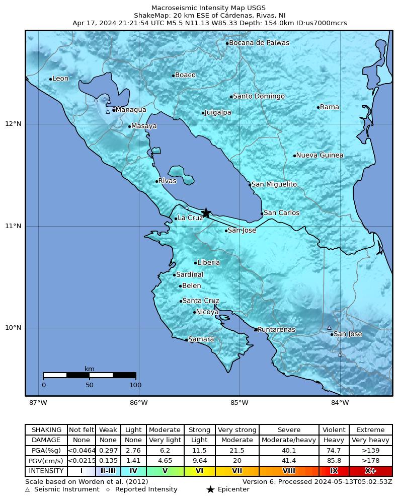 USGS ShakeMap intensity contours for the M5.5 earthquake near 20 km ESE of Cárdenas, Nicaragua