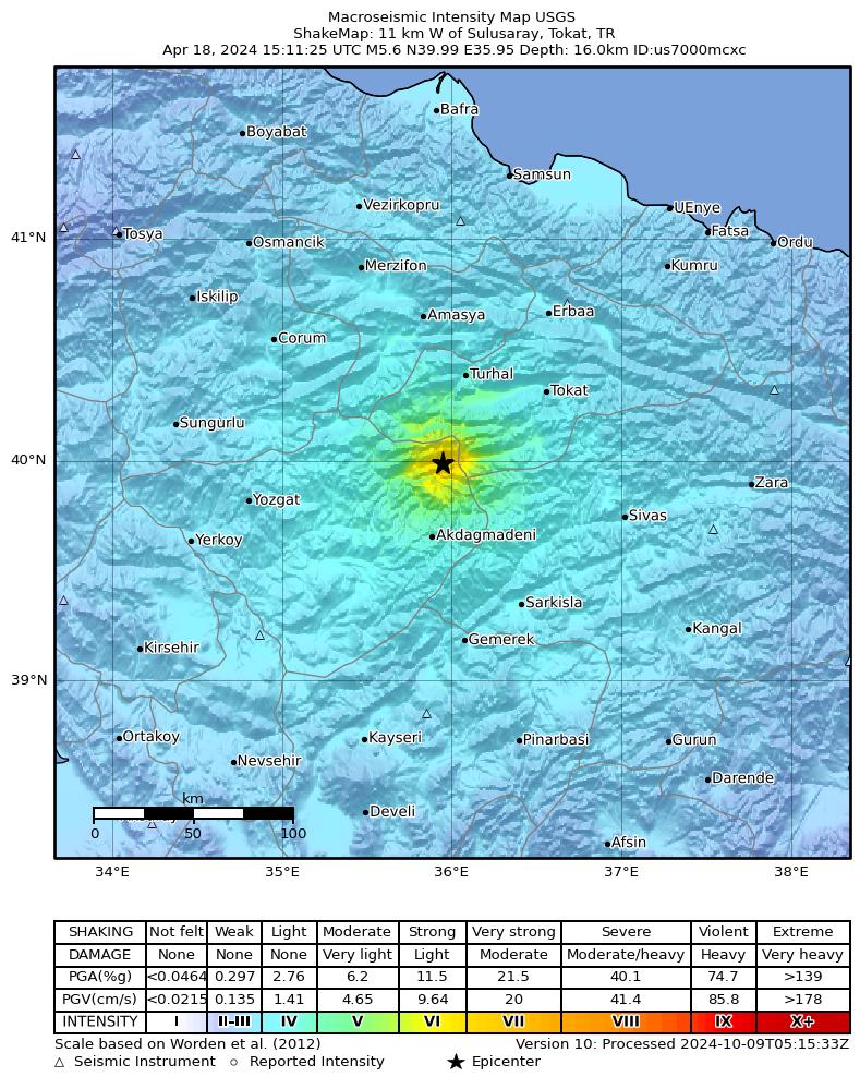 USGS ShakeMap intensity contours for the M5.6 earthquake near 11 km W of Sulusaray, Turkey