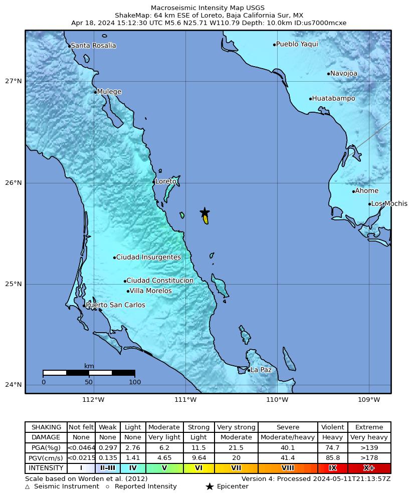 USGS ShakeMap intensity contours for the M5.6 earthquake near 64 km ESE of Loreto, Mexico