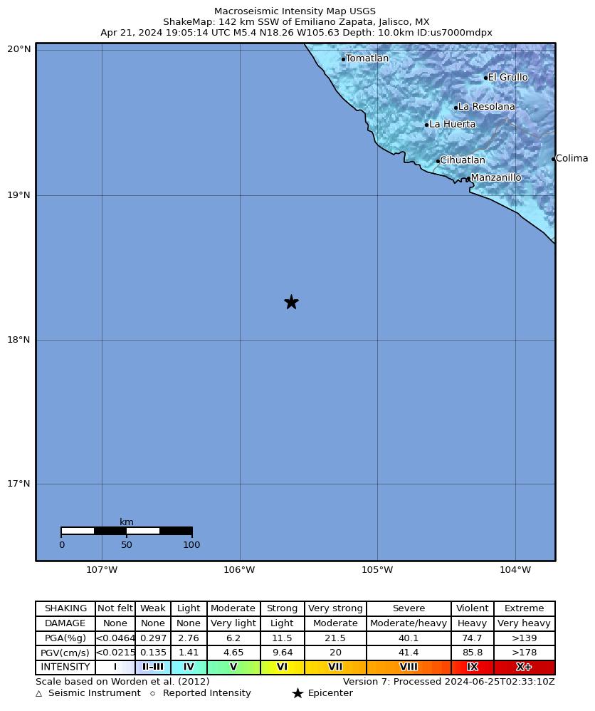 USGS ShakeMap intensity contours for the M5.4 earthquake near 142 km SSW of Emiliano Zapata, Mexico