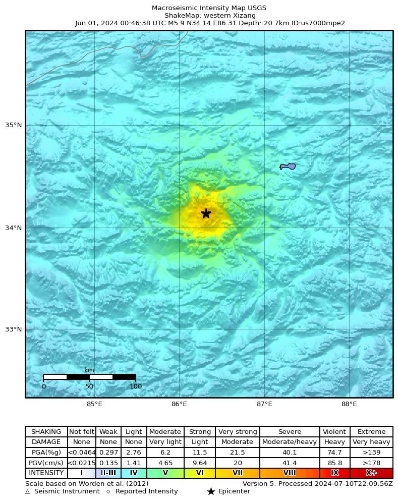 USGS ShakeMap intensity contours for the M5.9 earthquake near western Xizang