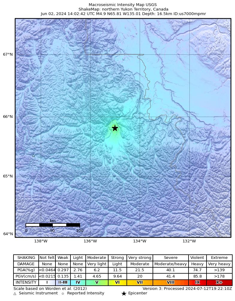 USGS ShakeMap intensity contours for the M4.9 earthquake near 286 km NE of Dawson City, Canada